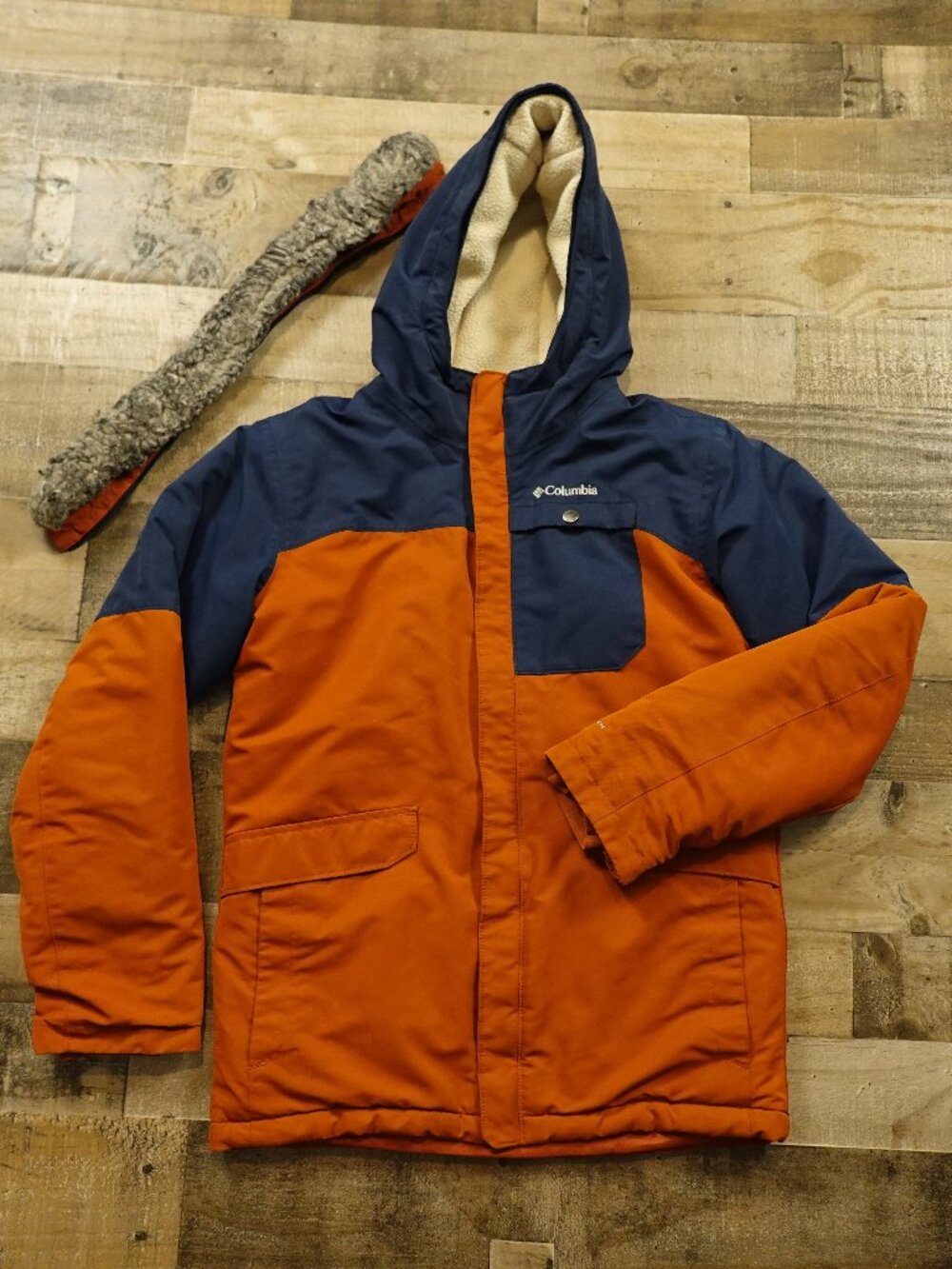 Columbia Omni-Tech Winter Jacket Boys XL Orange Navy Fleece Hood Outdoor